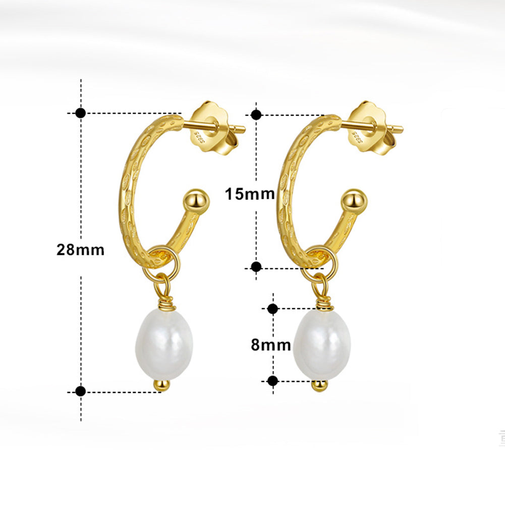 S925 Sterling Silver Textured C-Hoop Pearl Drop Earrings, Glossy Oval Freshwater Pearl Pendant on Hammered Pattern Open Silver Hoop