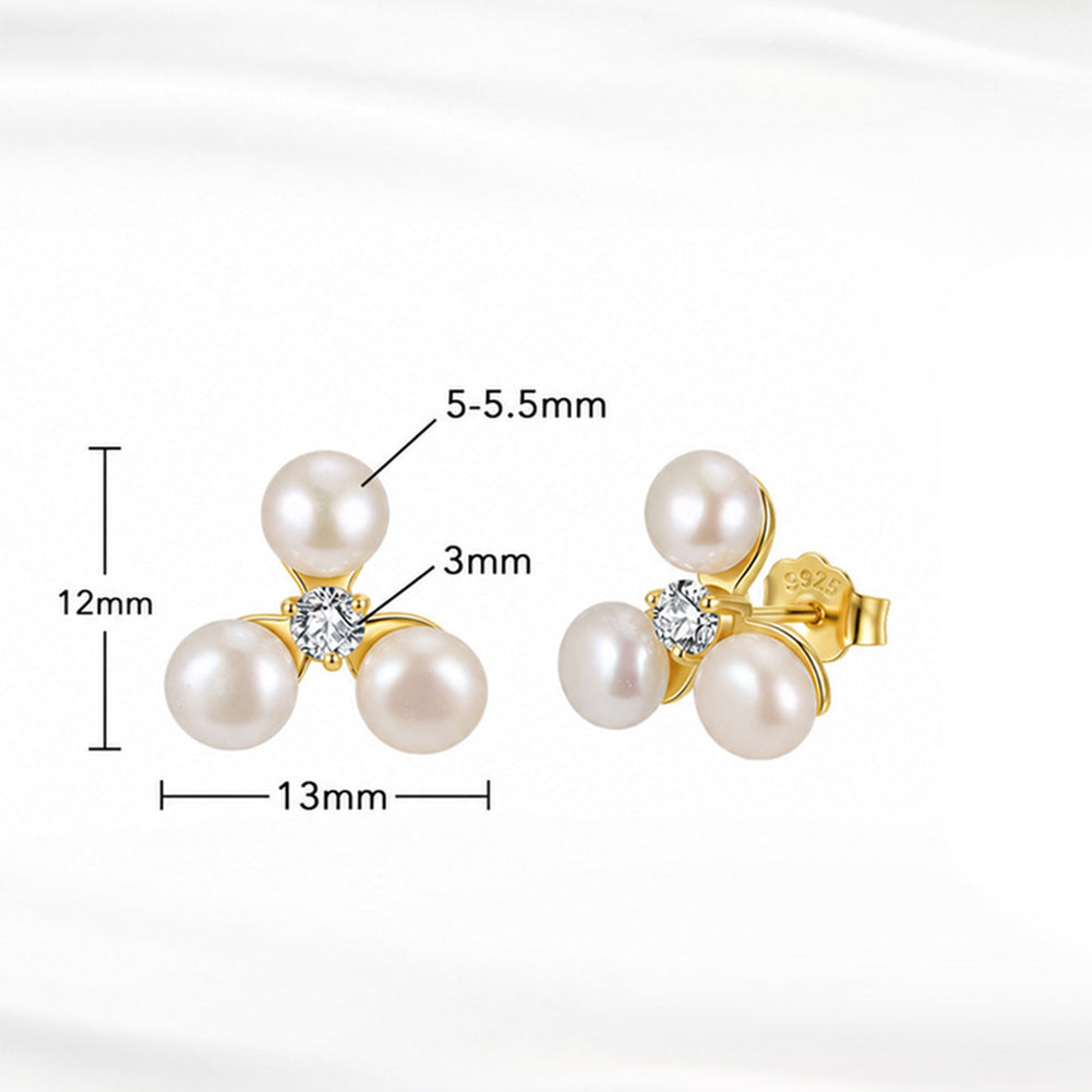S925 Sterling Silver Triple Freshwater Pearl Stud Earrings, Three Round Lustrous Pearls with Central Sparkling Cubic Zirconia, Clover Style Pearl Studs