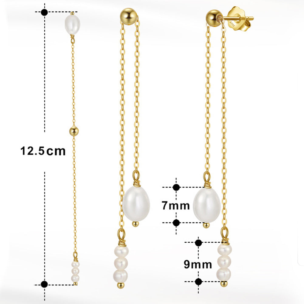 S925 Silver Multi-layer Tassel Pearl Dangle Earrings, Large Irregular Baroque Freshwater Pearl & Small Rice Pearls on Dual Delicate Cable Chains