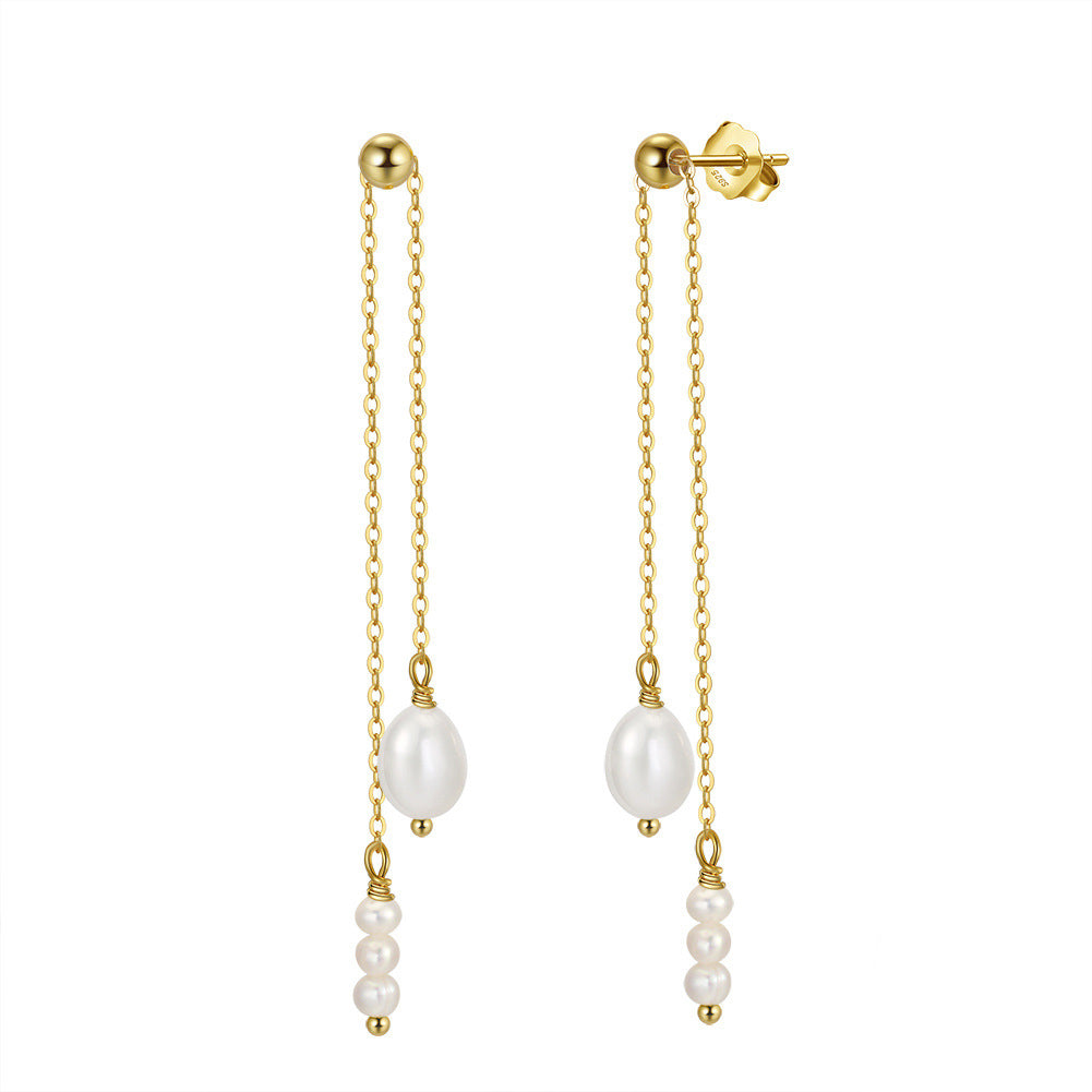 S925 Silver Multi-layer Tassel Pearl Dangle Earrings, Large Irregular Baroque Freshwater Pearl & Small Rice Pearls on Dual Delicate Cable Chains