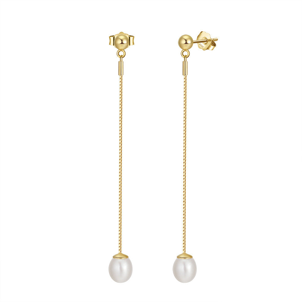 S925 Silver Single Teardrop Pearl Long Chain Threader Earrings, Silky Luster Teardrop Freshwater Pearl Dangling on Slim Adjustable Box Chain