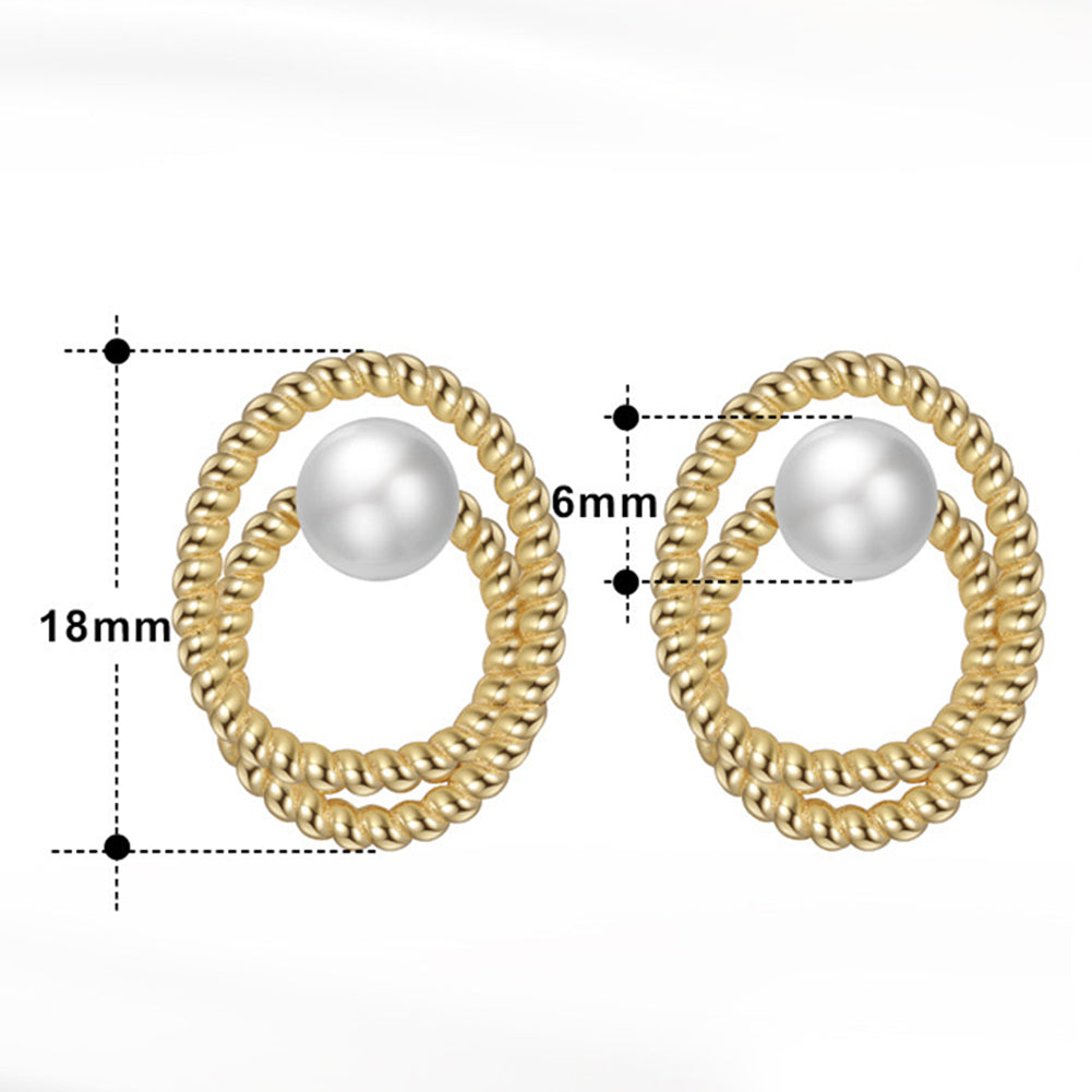 S925 Gold Plated Double Twisted Oval Hoop Pearl Earrings, Large Central Glossy Round Freshwater Pearl Nestled Within Dual Textured Rope Twist Hoops