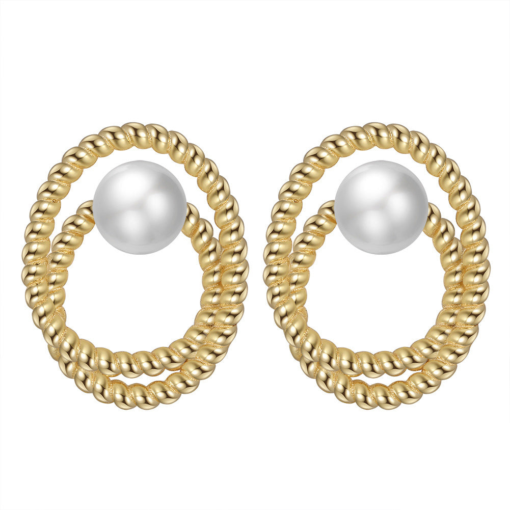 S925 Gold Plated Double Twisted Oval Hoop Pearl Earrings, Large Central Glossy Round Freshwater Pearl Nestled Within Dual Textured Rope Twist Hoops