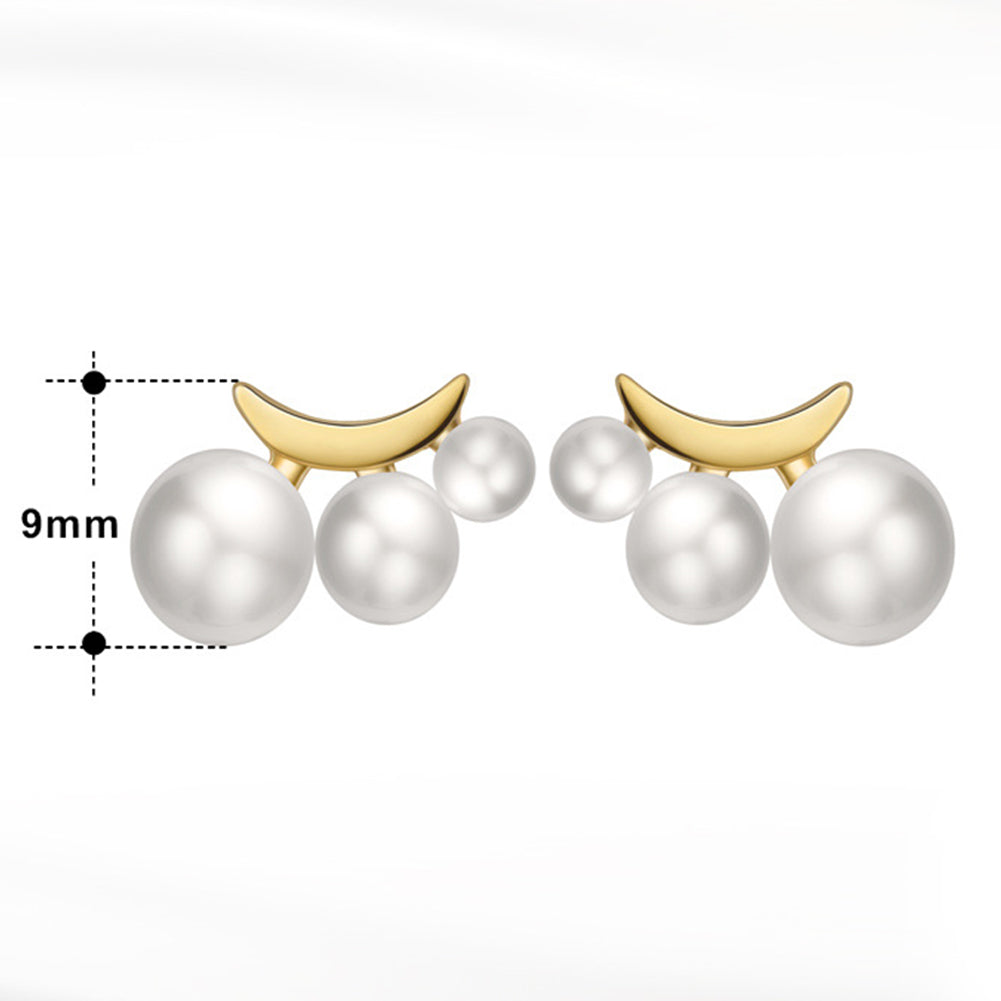 S925 Gold Plated Crescent Triple Pearl Stud Earrings, Graduated 3pcs Bright Luster Freshwater Pearls Arranged on Polished Curved Moon Shape Base