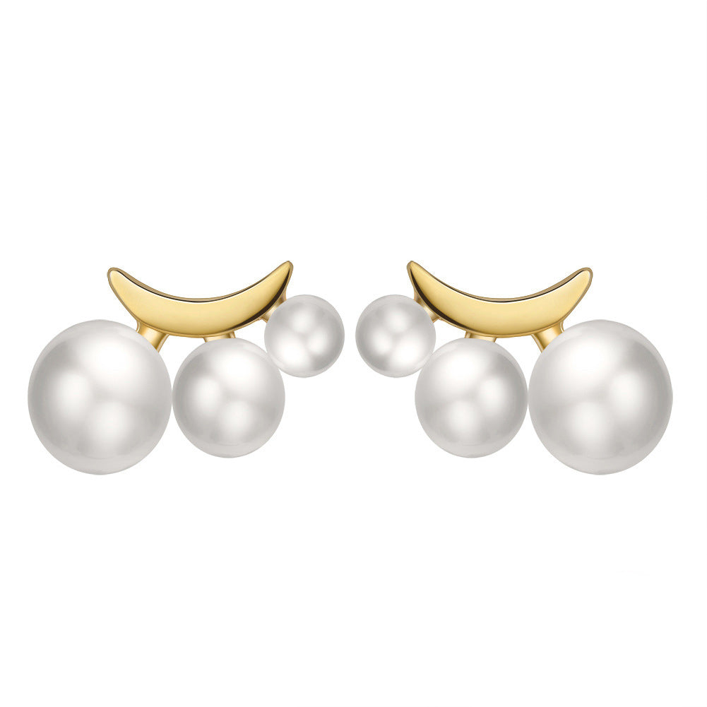 S925 Gold Plated Crescent Triple Pearl Stud Earrings, Graduated 3pcs Bright Luster Freshwater Pearls Arranged on Polished Curved Moon Shape Base