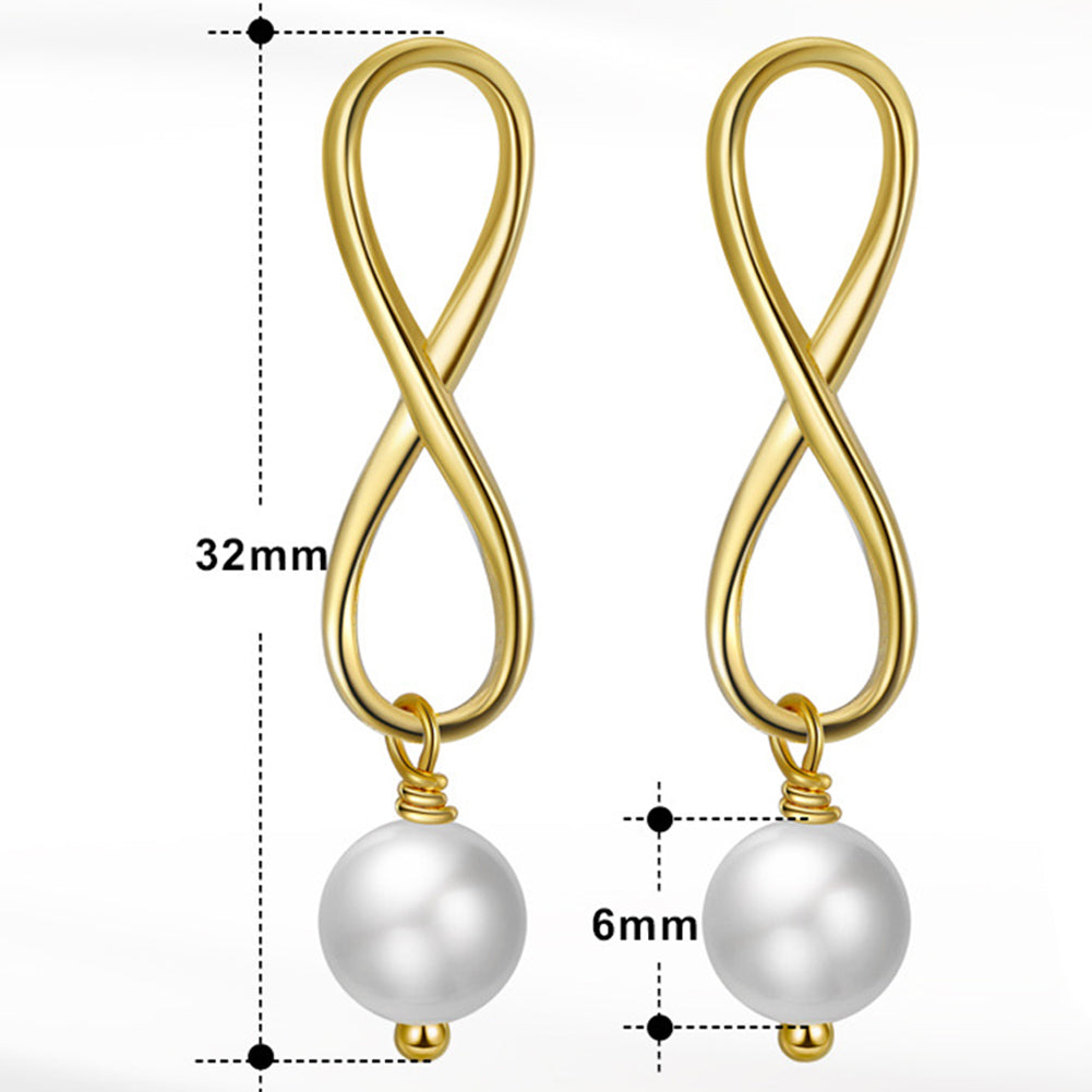 S925 Gold Plated Infinity Twist Wire Pearl Dangle Earrings, Figure 8 Twisted Gold Frame with Single Glossy Round Freshwater Pearl Pendant