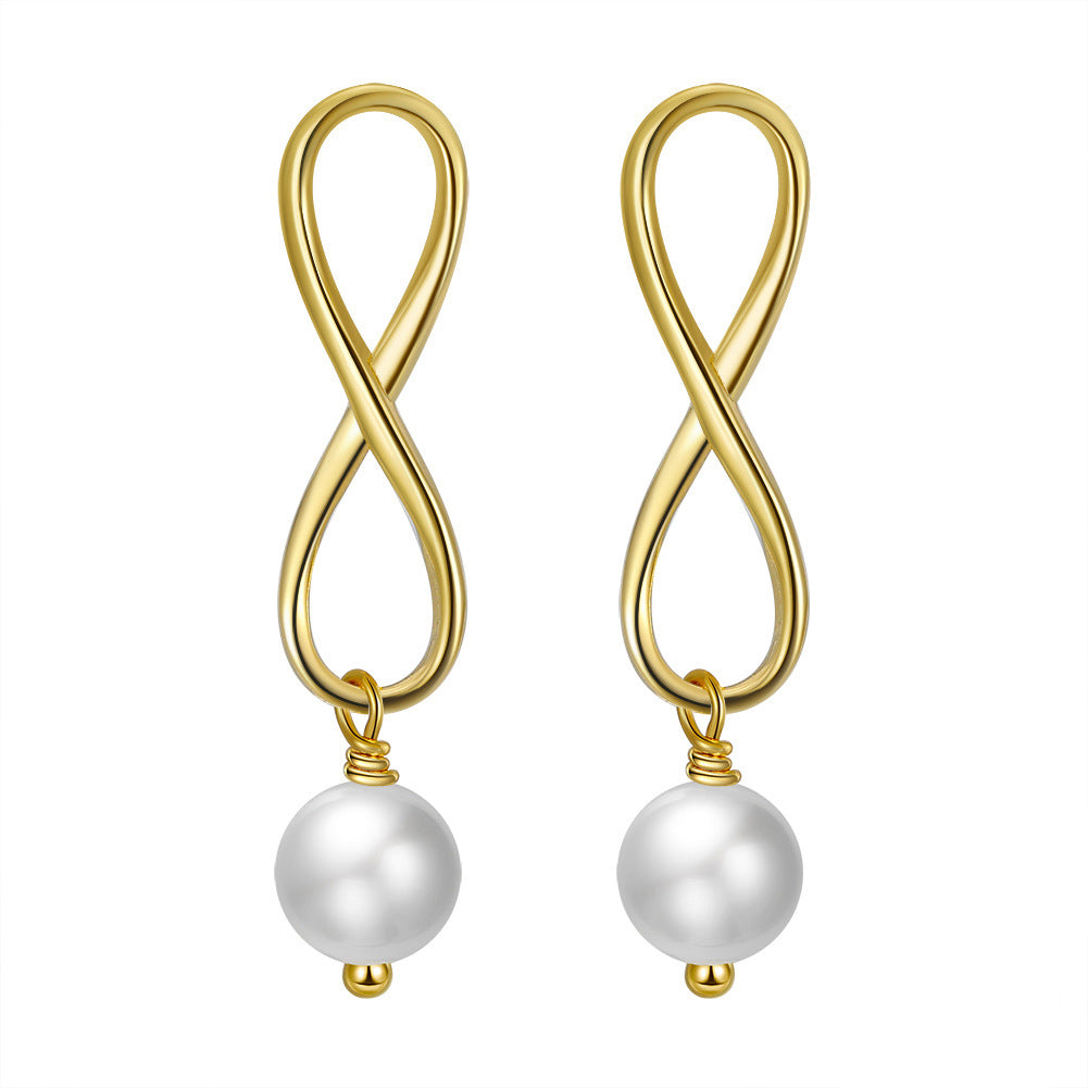 S925 Gold Plated Infinity Twist Wire Pearl Dangle Earrings, Figure 8 Twisted Gold Frame with Single Glossy Round Freshwater Pearl Pendant