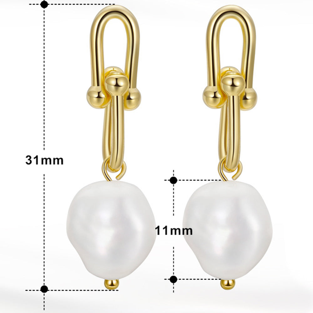 S925 Gold Plated U-Shaped Link Baroque Pearl Drop Earrings, Irregular Organic Freshwater Baroque Pearl with Natural Soft Shine & Modern Hardware Design