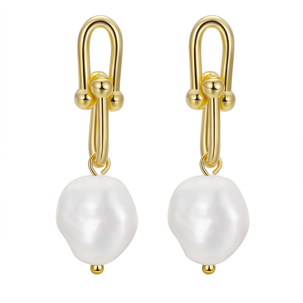 S925 Gold Plated U-Shaped Link Baroque Pearl Drop Earrings, Irregular Organic Freshwater Baroque Pearl with Natural Soft Shine & Modern Hardware Design
