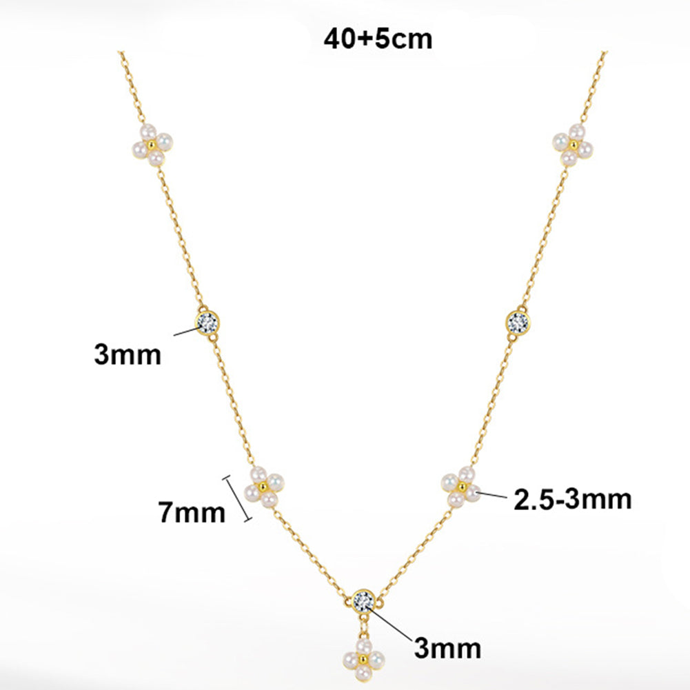 Flower Cluster Freshwater Pearl Station Necklace, Tiny Lustrous White Pearl Flower Accents with Cubic Zirconia S925 Silver Chain