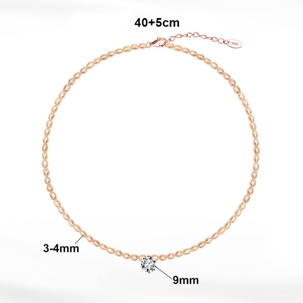 Champagne Rice Freshwater Pearl Choker Necklace, Lustrous Pale Peach Mini Pearls with Solitaire Cubic Zirconia Rose Gold Chain