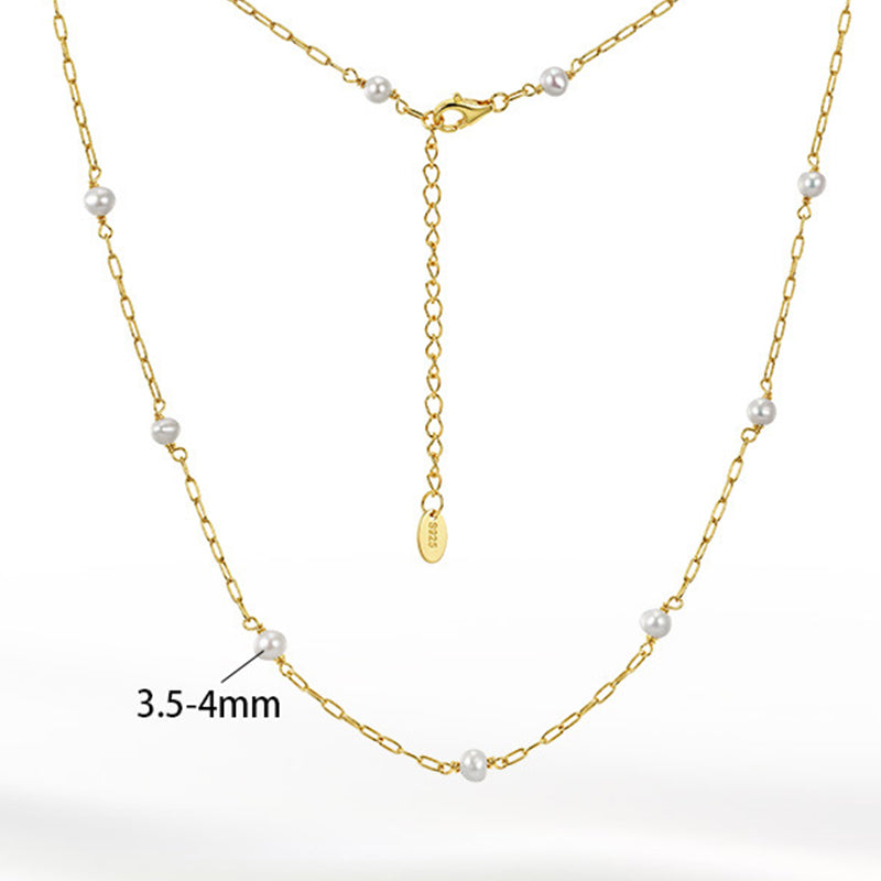 Gold Stainless Steel Station Pearl Necklace, Round White Pearl Beads On Paperclip Chain With Adjustable Extension Tail