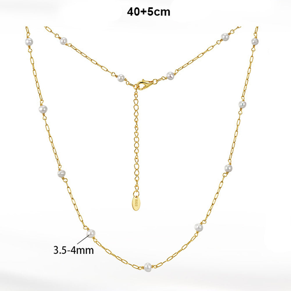 Round Glossy Freshwater Pearl Station Paperclip Chain Necklace, Uniform White Cultured Pearls S925 Silver Adjustable Chain
