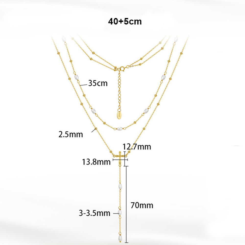 Multi Layer Y Drop Freshwater Pearl Cross Necklace, Dainty Lustrous Rice Pearls Layered Chain with Cross Lariat Pendant S925 Silver