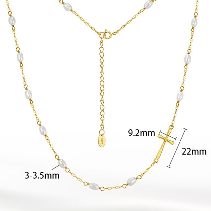 Silver Stainless Steel Rice Pearl Station Necklace, Oval Freshwater Style Pearls With Slim Simple Cross Pendant Adjustable Chain