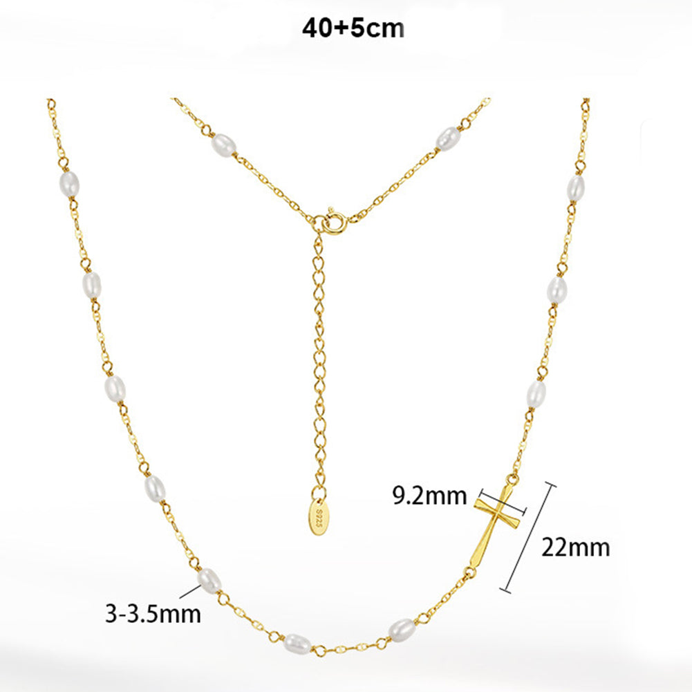 Oval Rice Freshwater Pearl Station Cross Necklace, Lustrous White Pearls with Sideways Cross Pendant S925 Silver Adjustable Chain