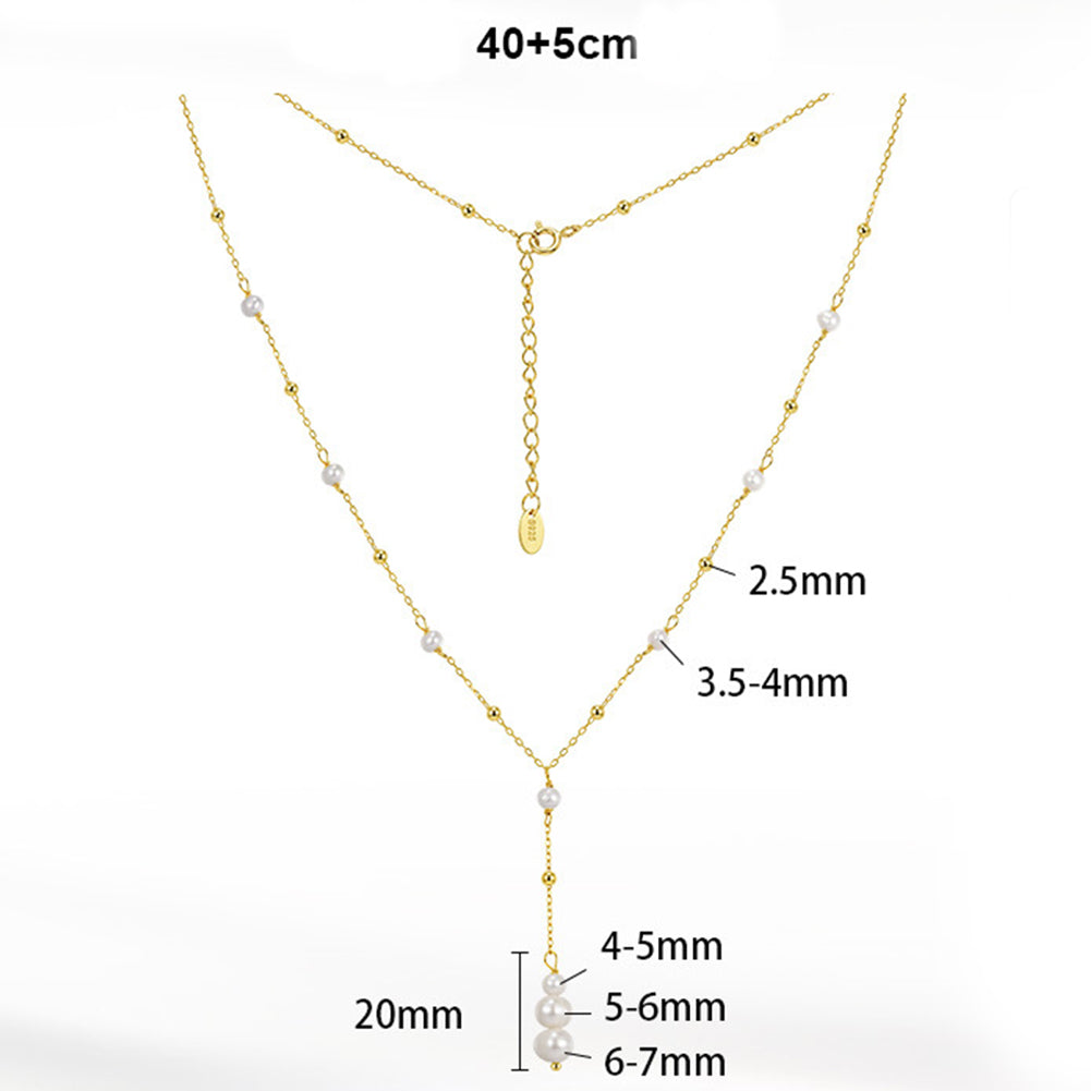 Y Drop Dainty Freshwater Pearl Lariat Necklace, Mini Lustrous White Pearls Station Chain with Stacked Pearl Drop Pendant S925 Silver