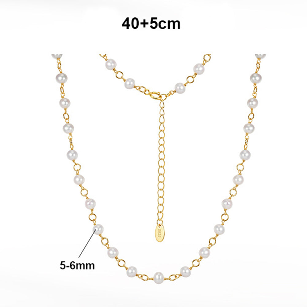 Full Strand Round Lustrous Freshwater Pearl Station Necklace, Uniform White Cultured Pearls Gold Plated S925 Link Chain