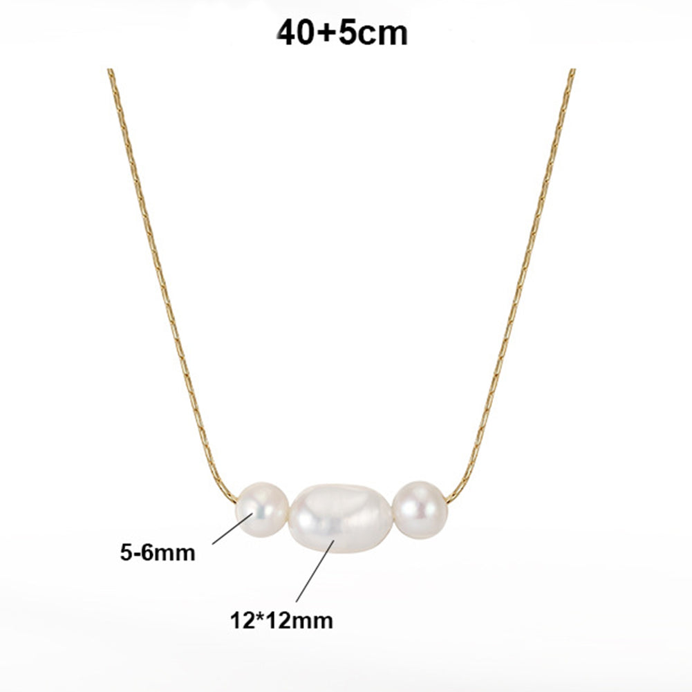 Three Bead Glossy Rice Freshwater Pearl Necklace, Central Large Oval Pearl with Round Side Pearls Gold Paperclip Chain