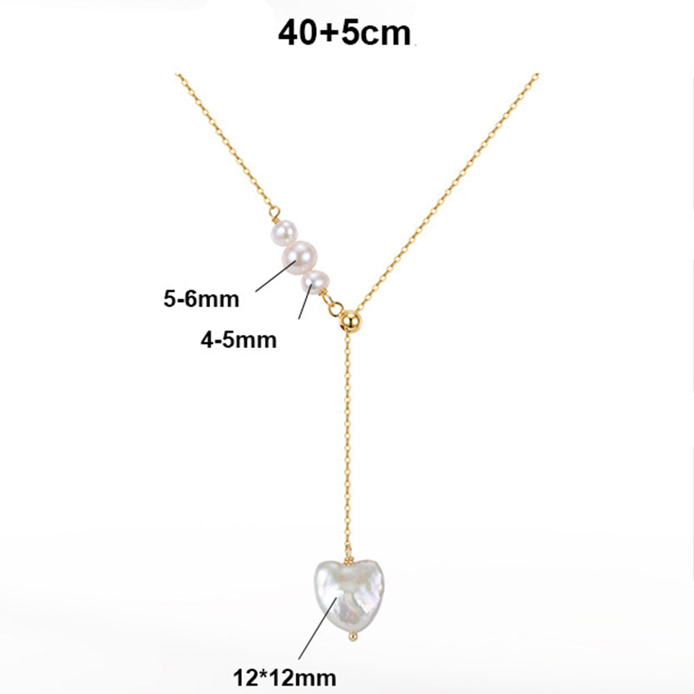 GPN116Adjustable Lariat Baroque Heart Freshwater Pearl Y Necklace, Iridescent Heart-shaped Pearl Pendant S925 Silver Chain