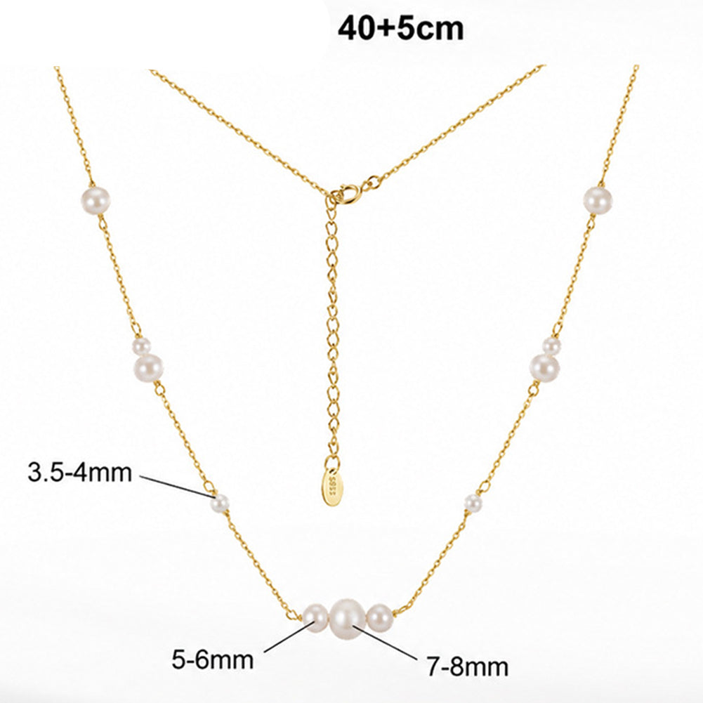 Dainty Graduated Lustrous Freshwater Pearl Station Necklace, Multi-size Glossy White Cultured Pearls S925 Silver Chain