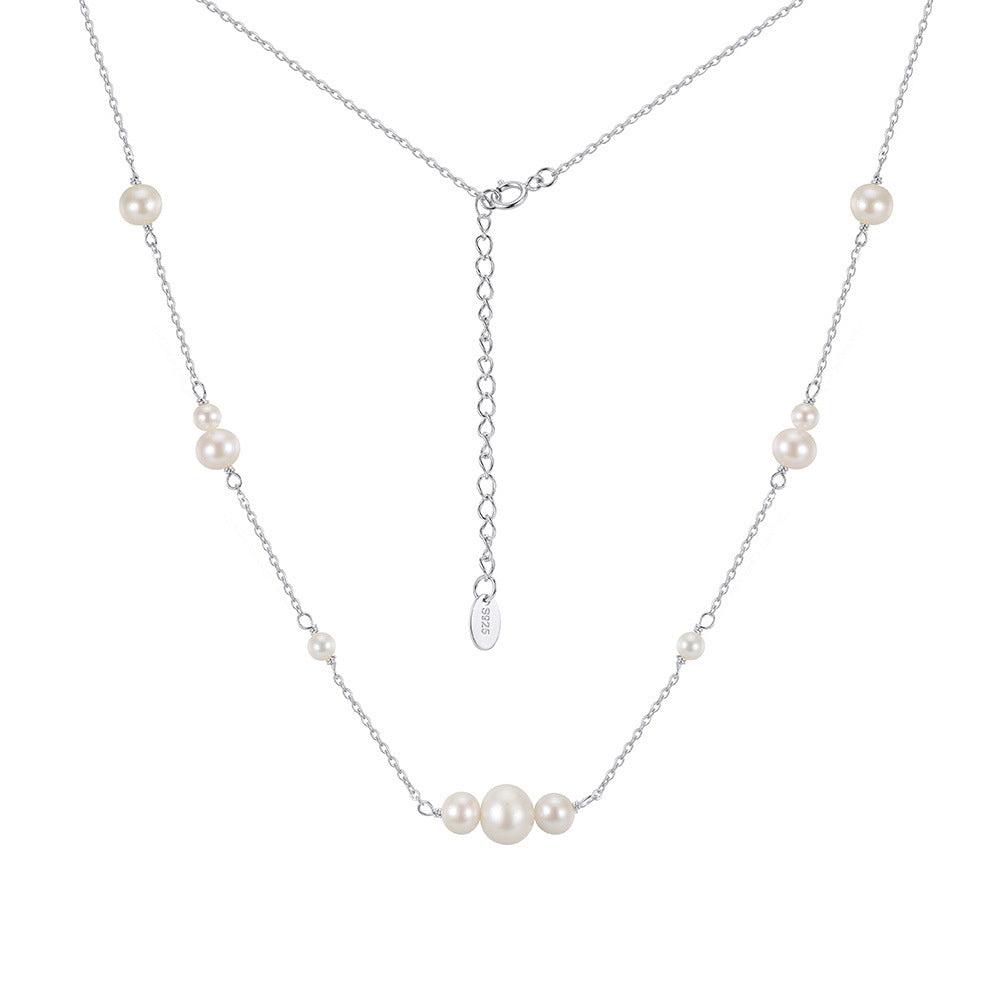 Dainty Graduated Lustrous Freshwater Pearl Station Necklace, Multi-size Glossy White Cultured Pearls S925 Silver Chain