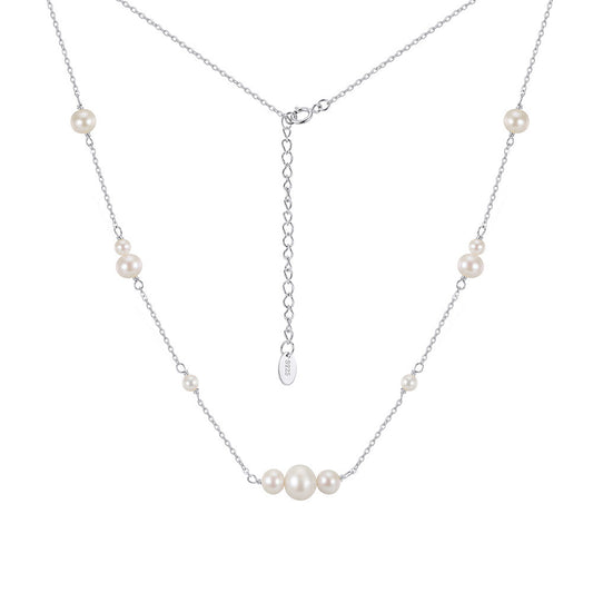 Dainty Graduated Lustrous Freshwater Pearl Station Necklace, Multi-size Glossy White Cultured Pearls S925 Silver Chain