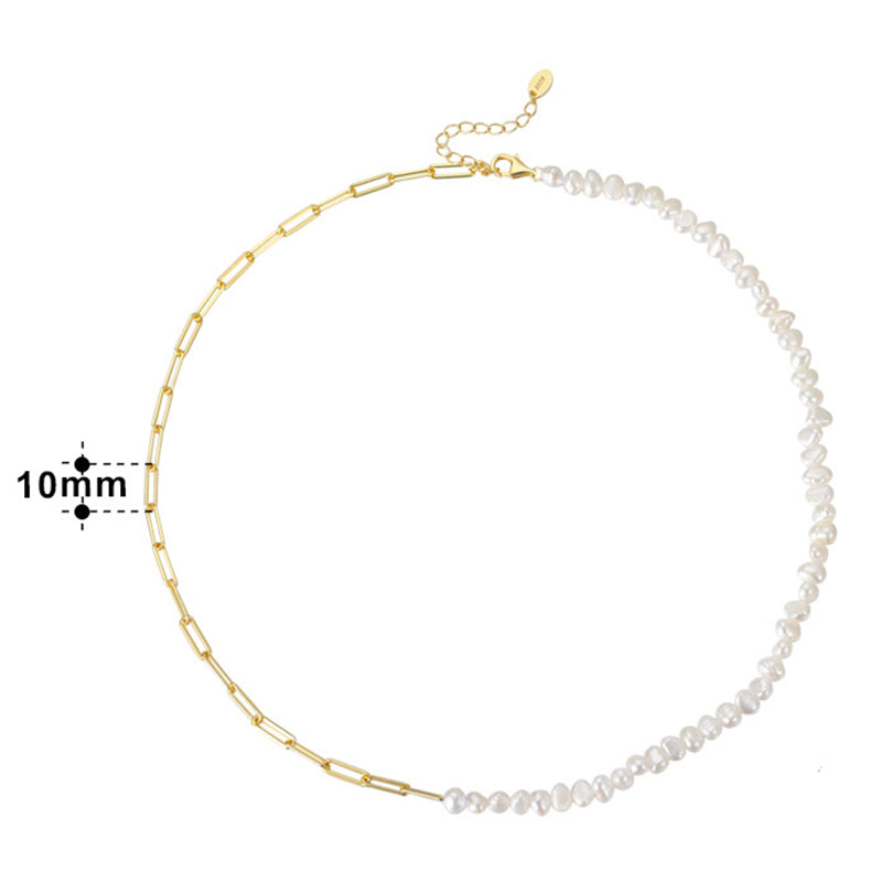 Half Paperclip Chain Baroque Pearl Choker Necklace, Stainless Steel Adjustable Collar Necklace