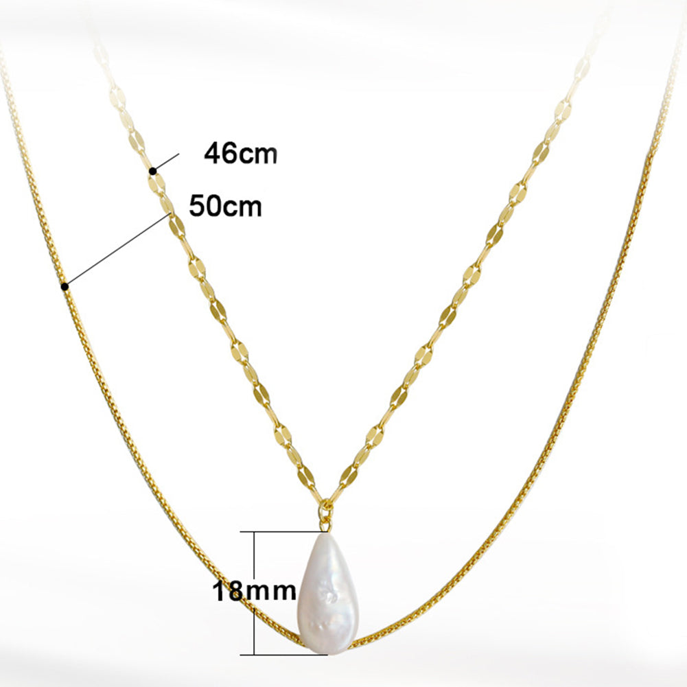 Gold Double Layered Necklace, Lustrous Teardrop Baroque Freshwater Pearl Pendant with Dual Different Texture Gold Chains