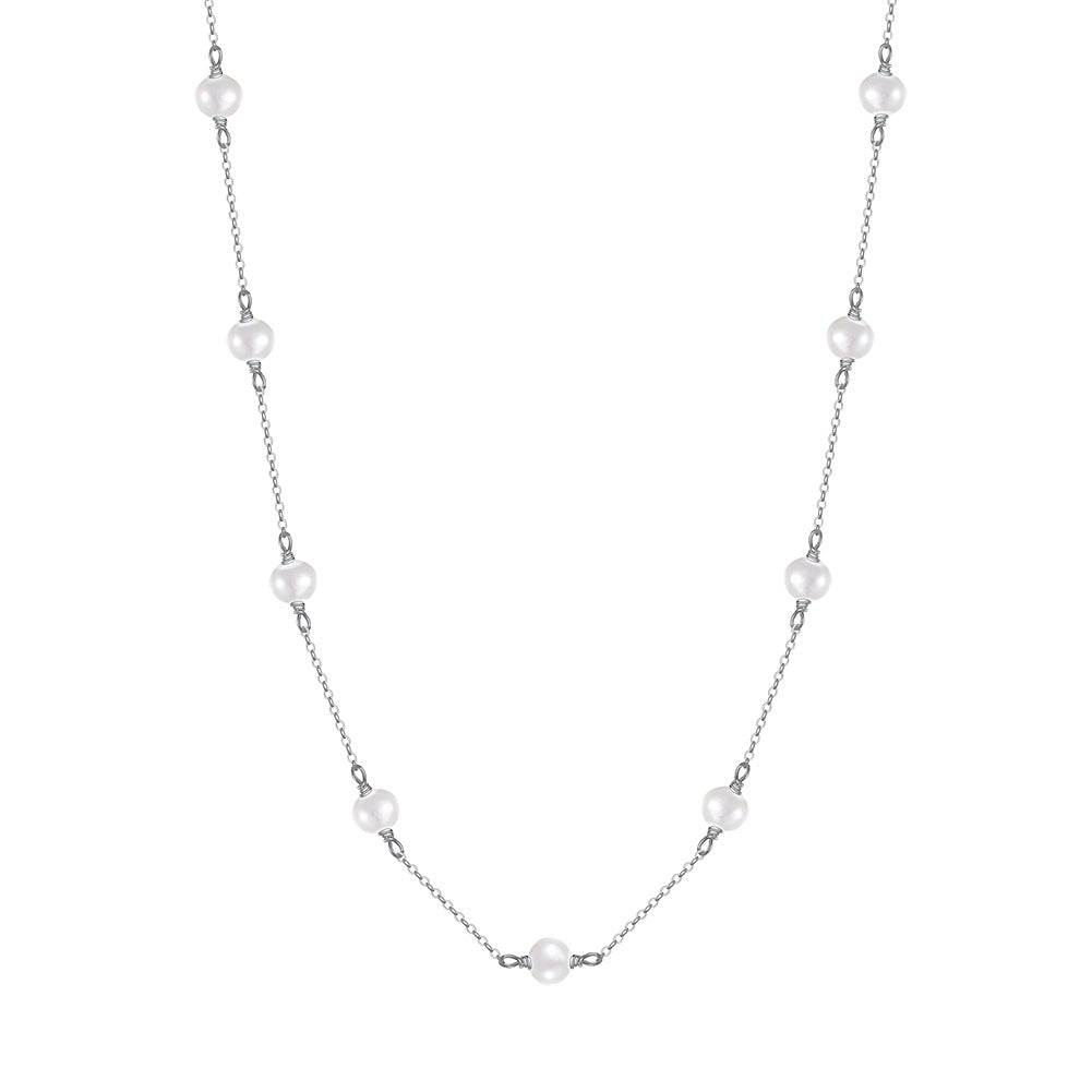 Silver Floating Station Pearl Necklace, Multi Lustrous Potato Freshwater Pearls Evenly Spaced Thin Cable Chain
