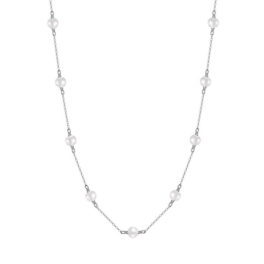 Silver Floating Station Pearl Necklace, Multi Lustrous Potato Freshwater Pearls Evenly Spaced Thin Cable Chain