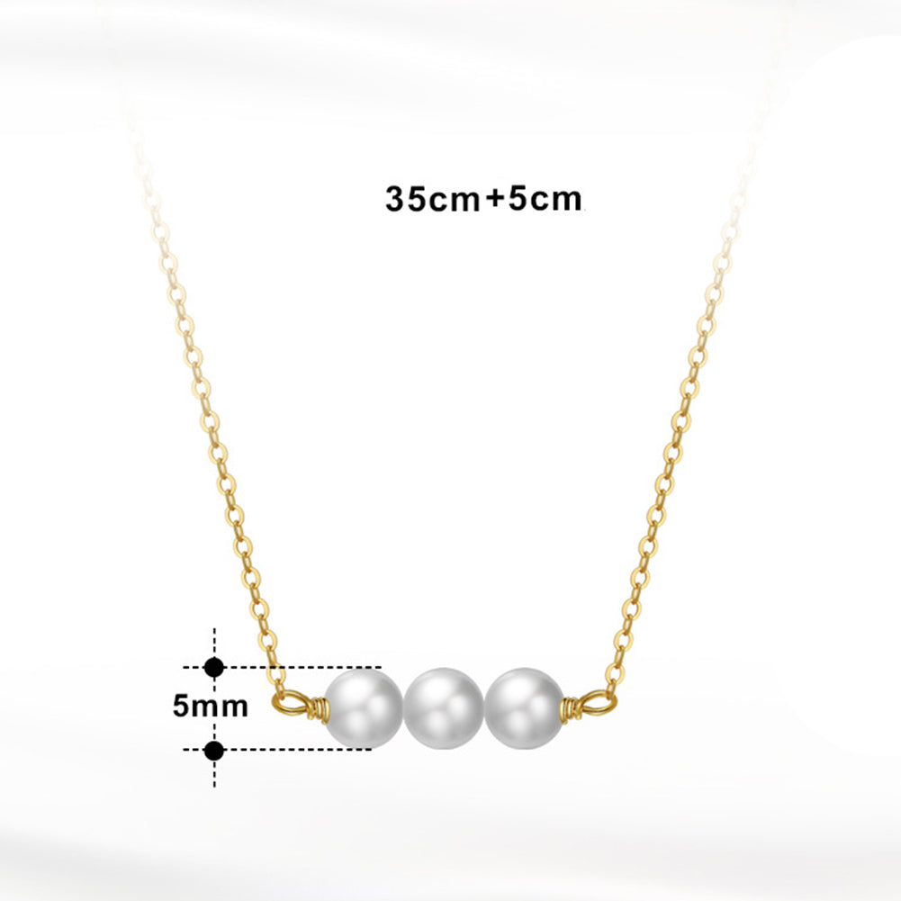 Gold Minimalist Horizontal Bar Necklace, Three Glossy Round Freshwater Pearls Side-by-Side on Thin Cable Chain
