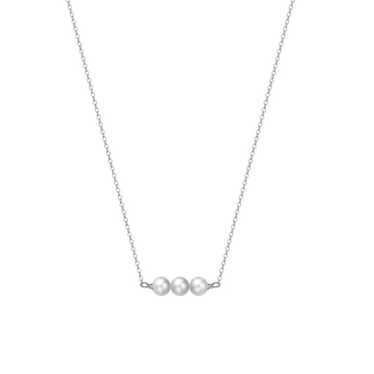 Gold Minimalist Horizontal Bar Necklace, Three Glossy Round Freshwater Pearls Side-by-Side on Thin Cable Chain