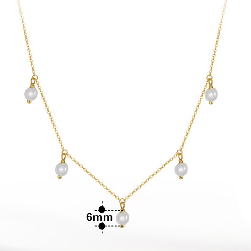 Gold Stainless Steel Dangling Imitation Pearl Necklace, 5pcs White Baroque Pearl Drop Charms On Delicate Cable Chain