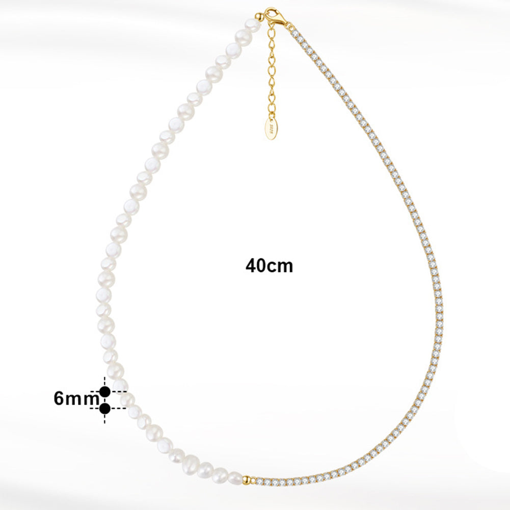Half Pearl Half Tennis Chain Gold Necklace, Lustrous Irregular Freshwater Pearl Choker with Cubic Zirconia Tennis Chain & Extender