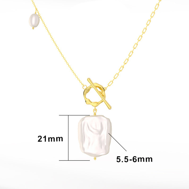 Gold Stainless Steel Baroque Square Pearl Pendant Necklace, OT Toggle Clasp Mixed Link Chain Necklace