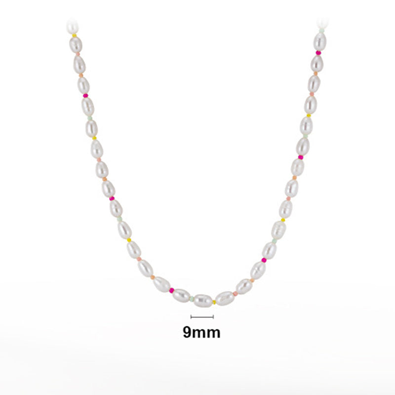 Stainless Steel Colorful Beaded Baroque Pearl Necklace, White Rice Pearl Mixed Multicolour Tiny Seed Bead Chain