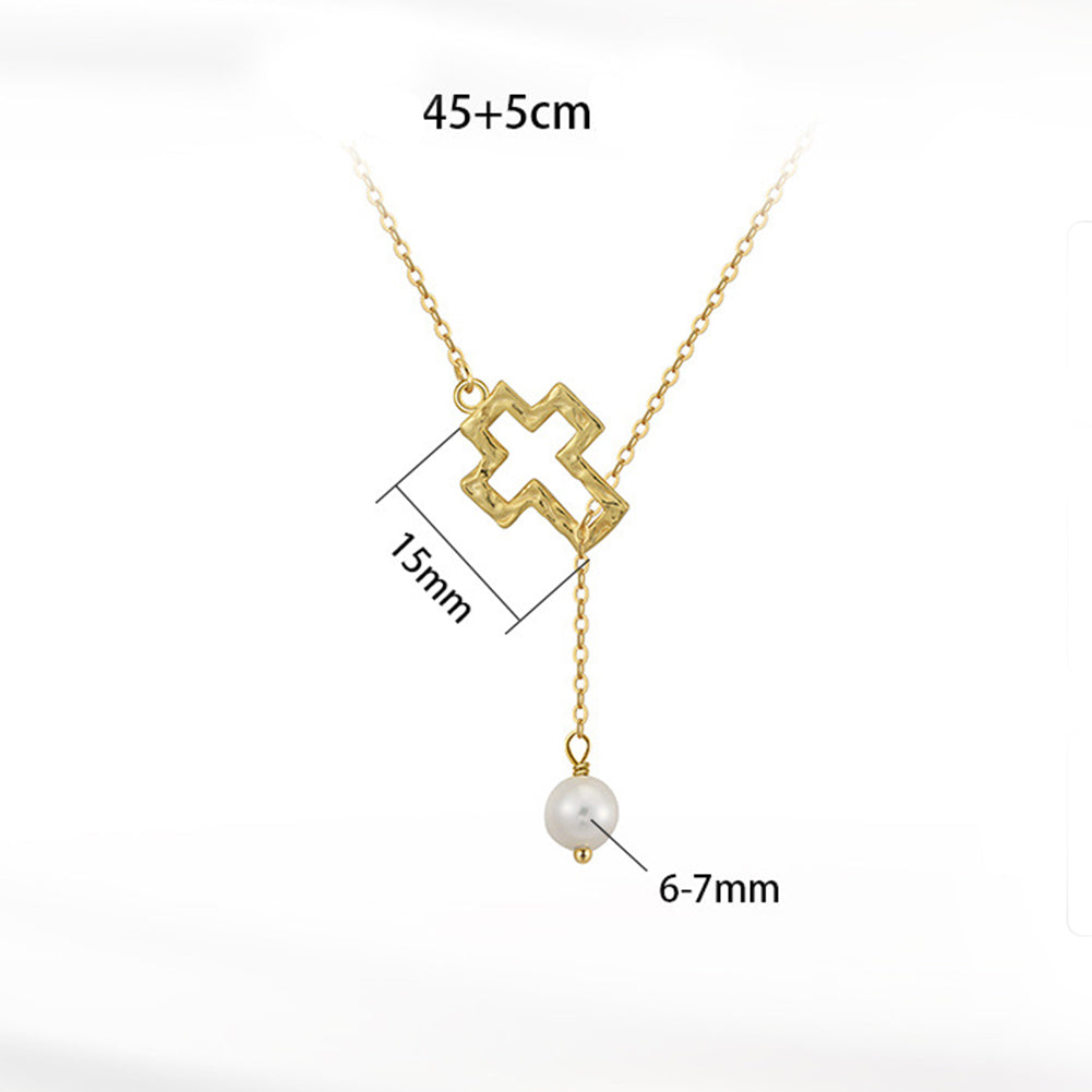 Hammered Gold Cross Lariat Necklace, Lustrous Round Freshwater Pearl Drop Pendant Adjustable Gold Chain