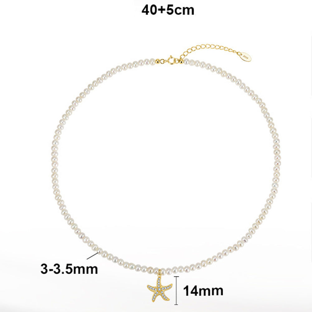 Mini Rice Freshwater Pearl Choker Necklace, Lustrous White Tiny Pearls with Paved Cubic Zirconia Starfish Pendant S925 Silver Chain