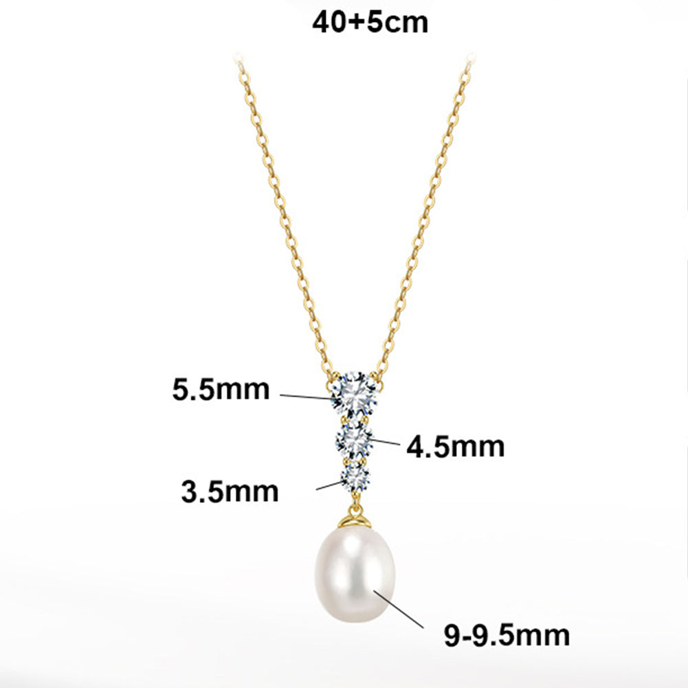 Teardrop Lustrous Freshwater Pearl Drop Necklace, Oval White Pearl with Vertical Graduated Cubic Zirconia Setting S925 Silver Chain