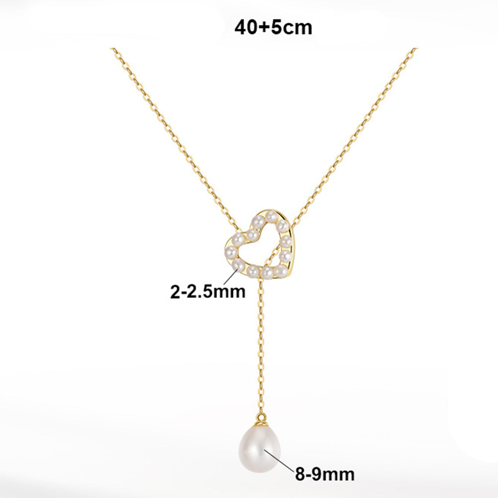 Hollow Heart Freshwater Pearl Lariat Necklace, Mini Pearls Set in Heart Frame with Teardrop Pearl Drop Pendant S925 Silver Chain