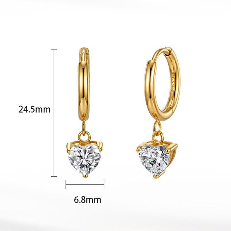 Gold Plated 316 Stainless Steel Huggie Hoop Earrings with Heart Shape Clear Cubic Zirconia Dangle Charm