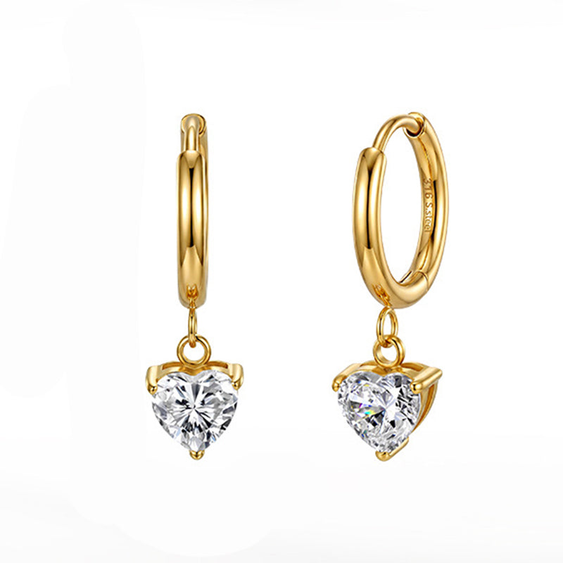 Gold Plated 316 Stainless Steel Huggie Hoop Earrings with Heart Shape Clear Cubic Zirconia Dangle Charm