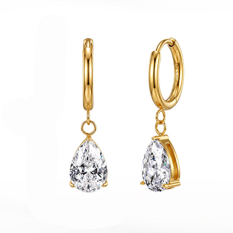 Gold Plated 316 Stainless Steel Huggie Hoop Earrings with Pear Shape Clear Cubic Zirconia Dangle Charm