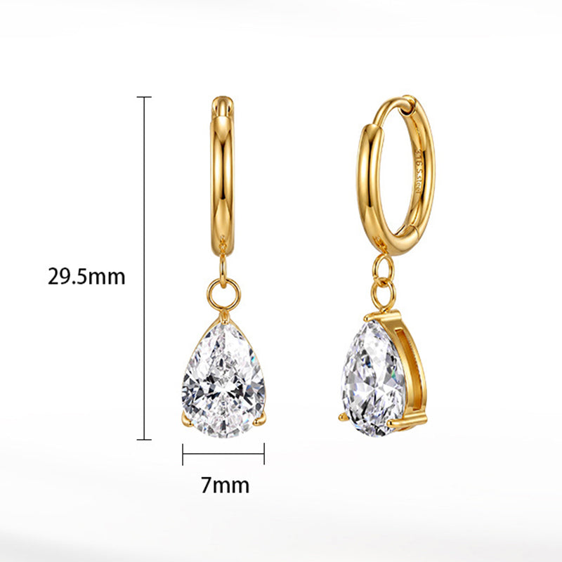 Gold Plated 316 Stainless Steel Huggie Hoop Earrings with Pear Shape Clear Cubic Zirconia Dangle Charm