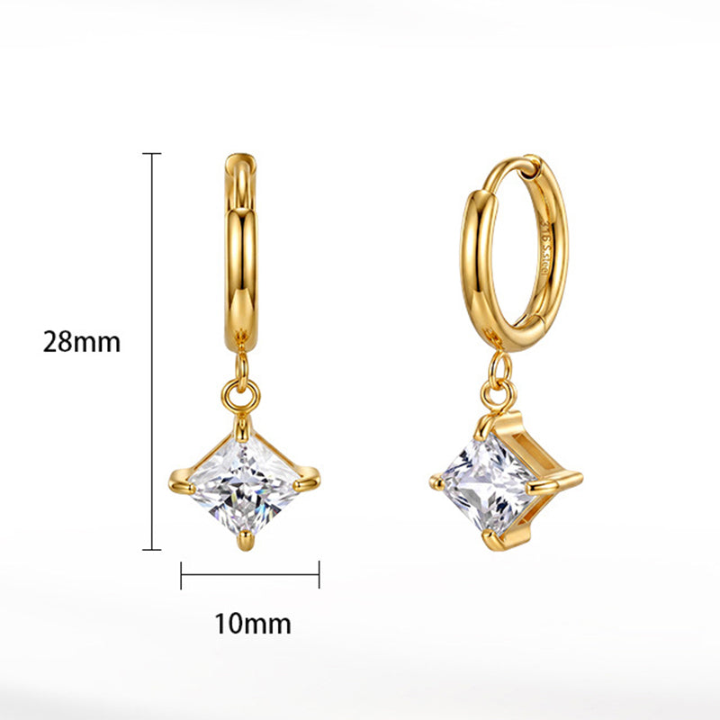 Gold Plated 316 Stainless Steel Huggie Hoop Earrings with Square Princess Cut Clear Cubic Zirconia Dangle Charm