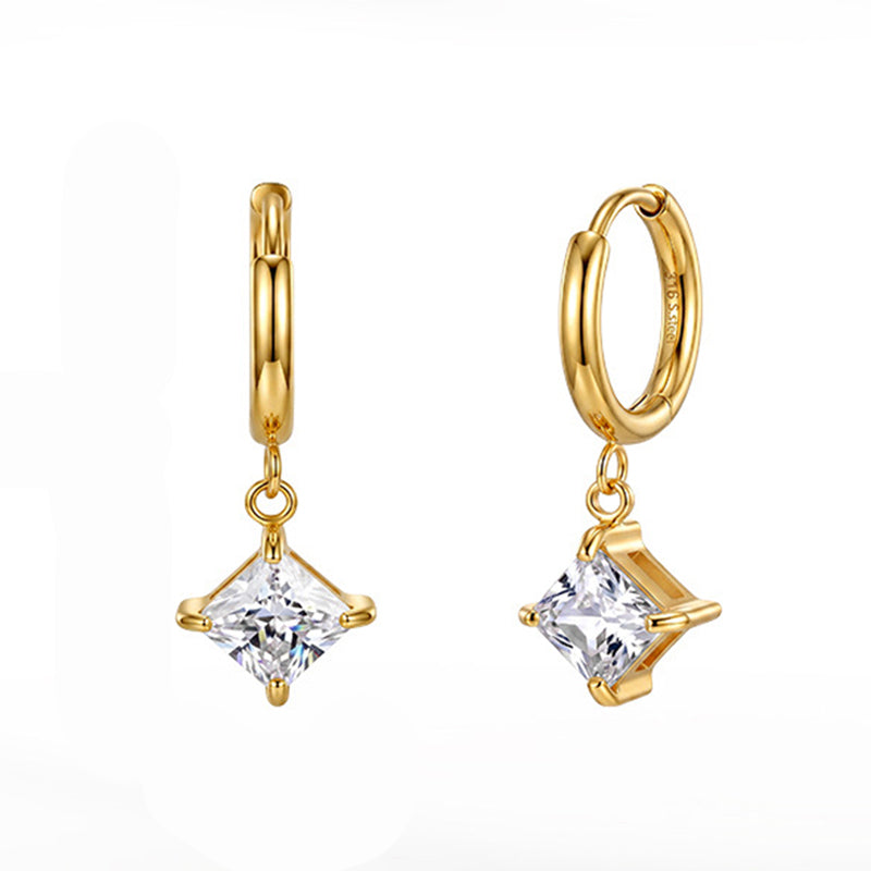 Gold Plated 316 Stainless Steel Huggie Hoop Earrings with Square Princess Cut Clear Cubic Zirconia Dangle Charm