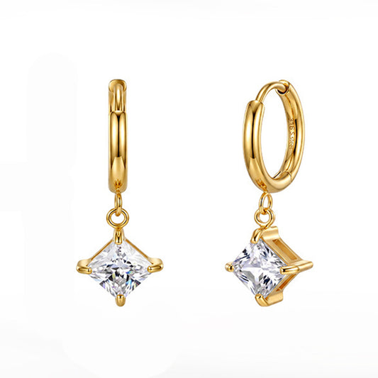 Gold Plated 316 Stainless Steel Huggie Hoop Earrings with Square Princess Cut Clear Cubic Zirconia Dangle Charm