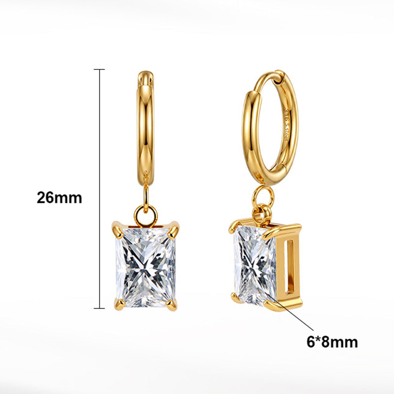 Gold Plated 316 Stainless Steel Huggie Hoop Earrings with Rectangular Emerald Cut Clear Cubic Zirconia Dangle Charm