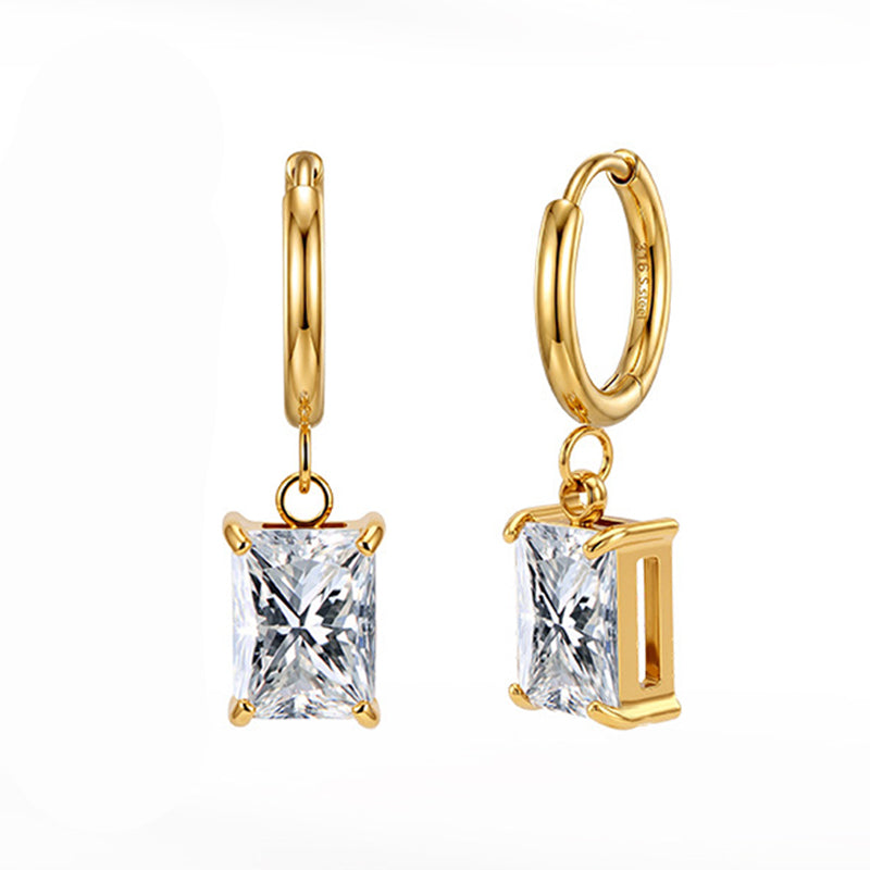 Gold Plated 316 Stainless Steel Huggie Hoop Earrings with Rectangular Emerald Cut Clear Cubic Zirconia Dangle Charm